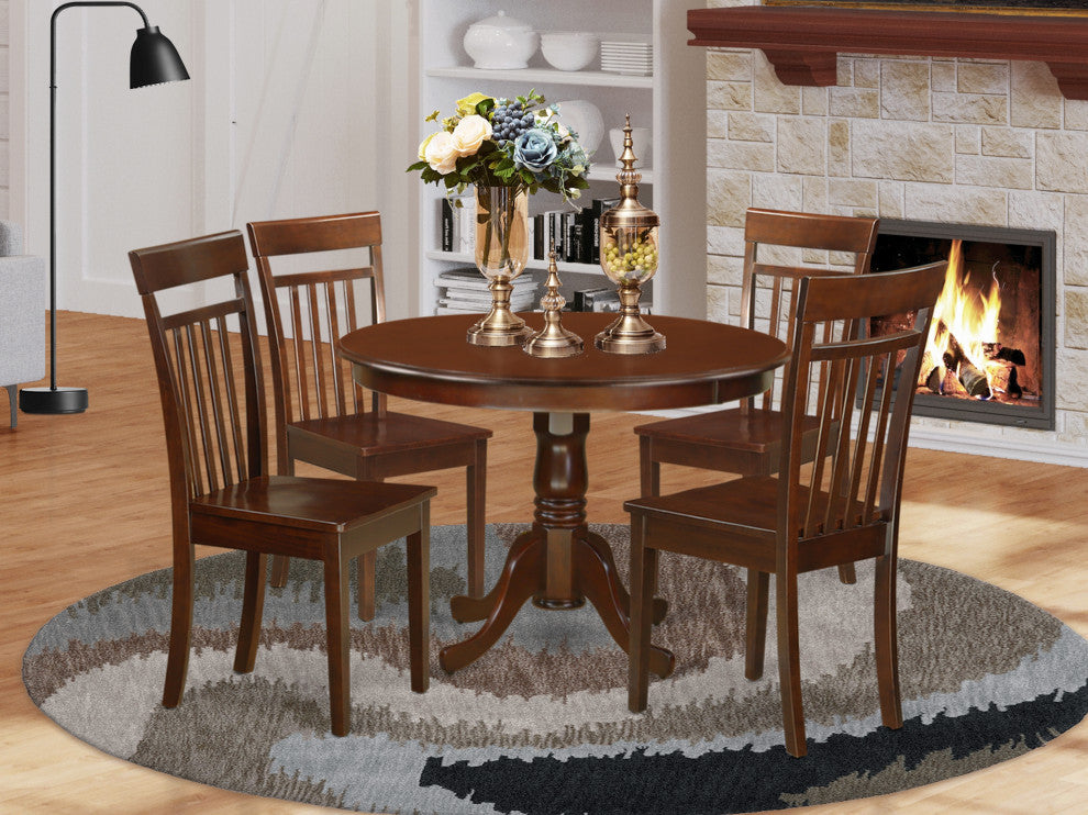 5 Pc Set With A Round Small Table And 4 Wood Dinette Chairs, Mahogany
