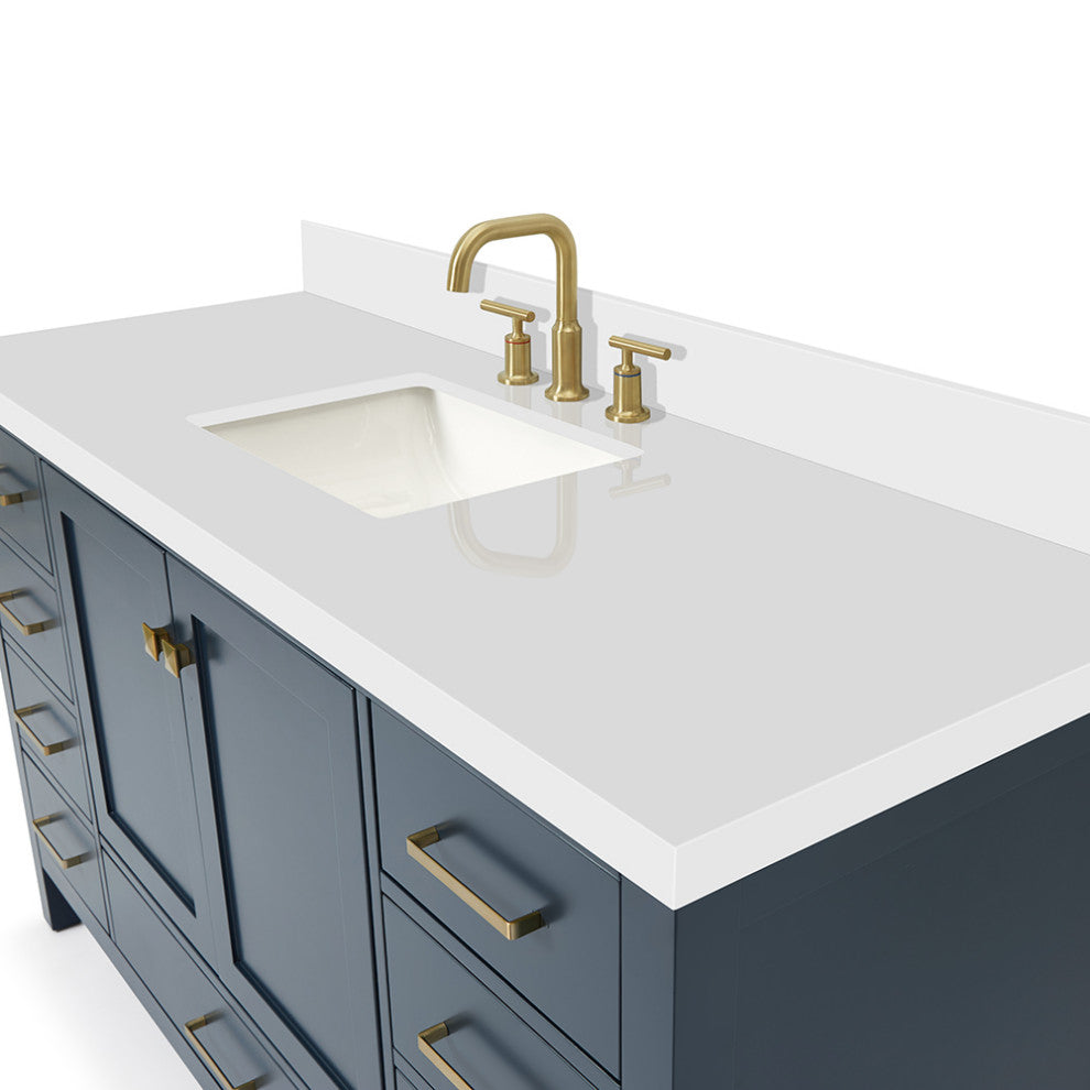 ARIEL Cambridge 61" Single Rectangle Sink Blue Vanity Quartz Top, No Mirror