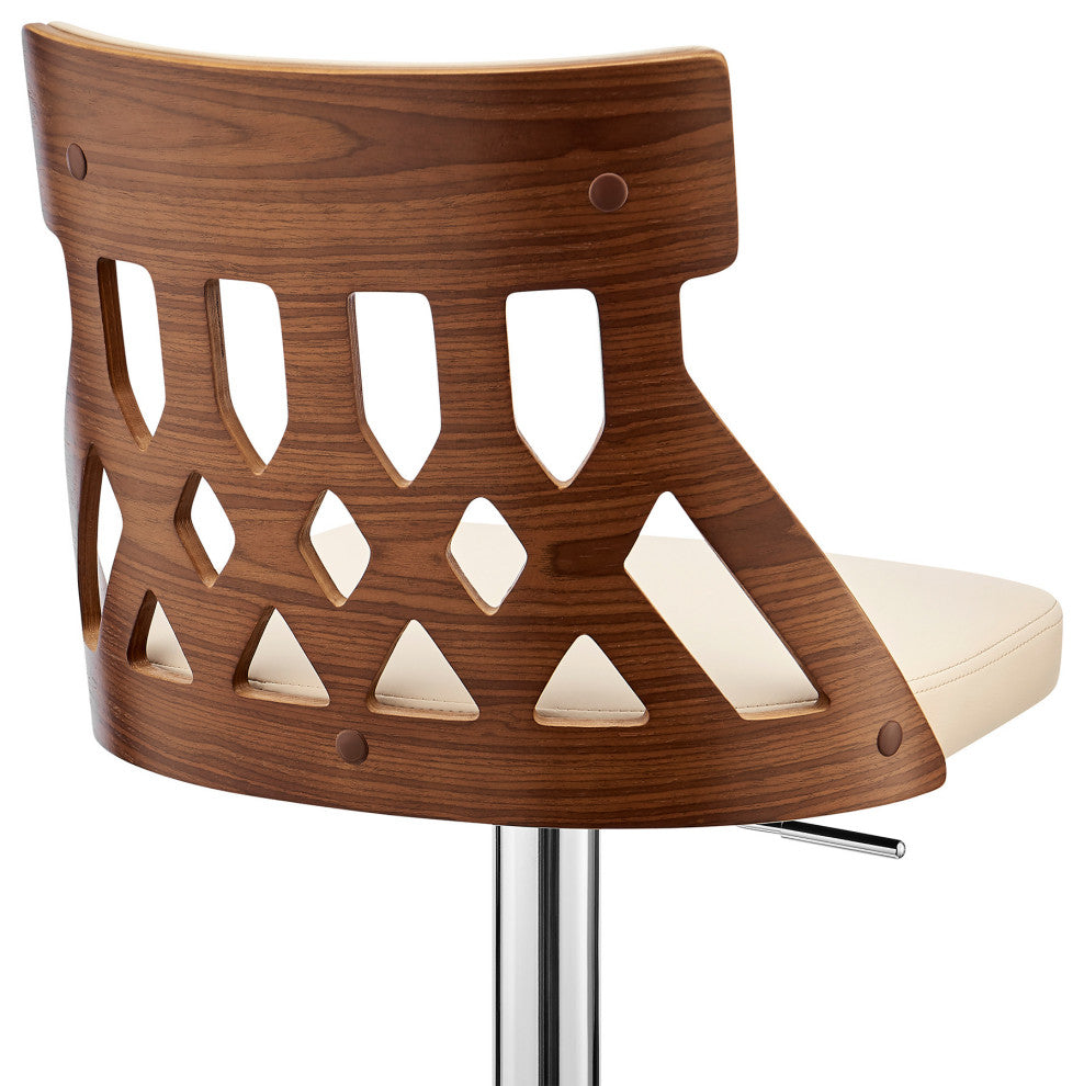 Adjustable Cream Faux Leather and Walnut Lattice Bar Stool