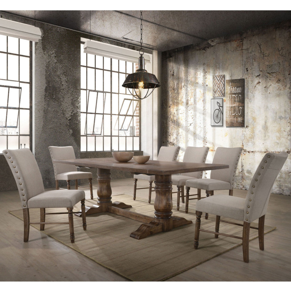 Set of 2 Cream Linen Side Chair, Weathered Oak Finish