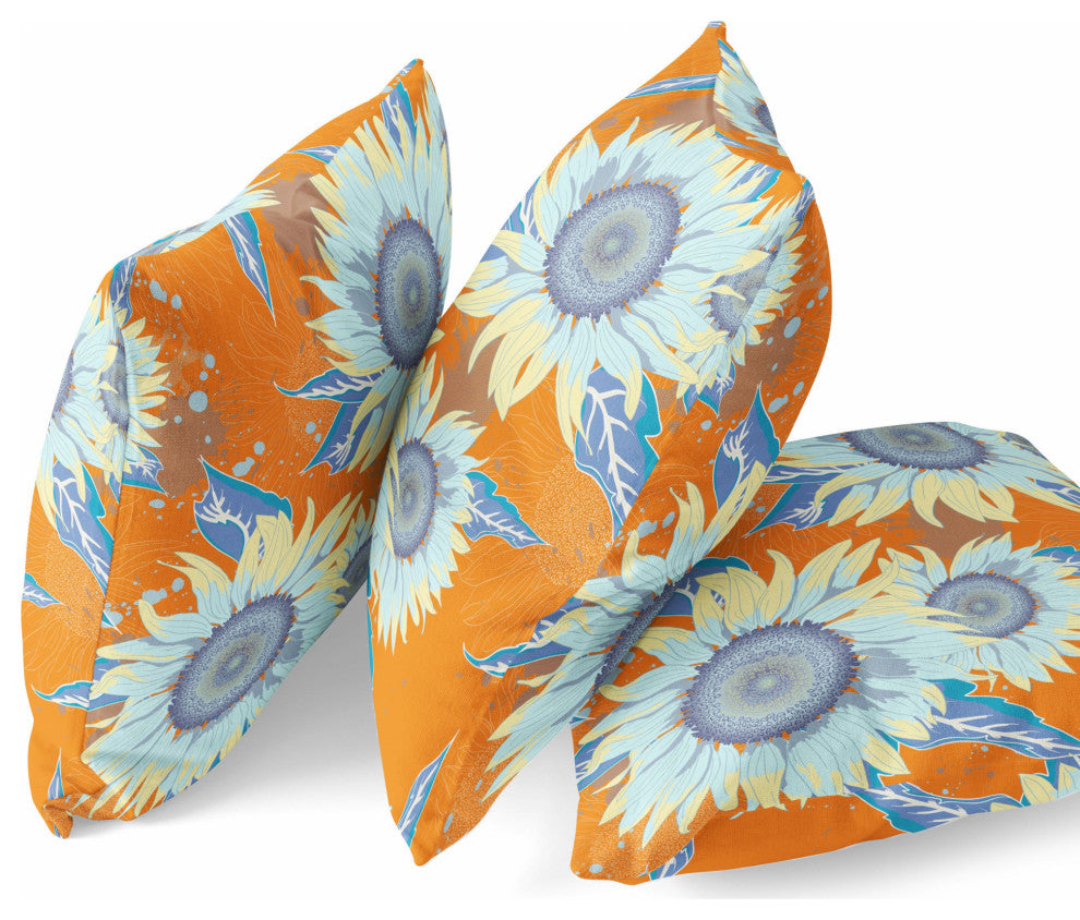 26" Orange Blue Sunflower Indoor Outdoor Zippered Throw Pillow