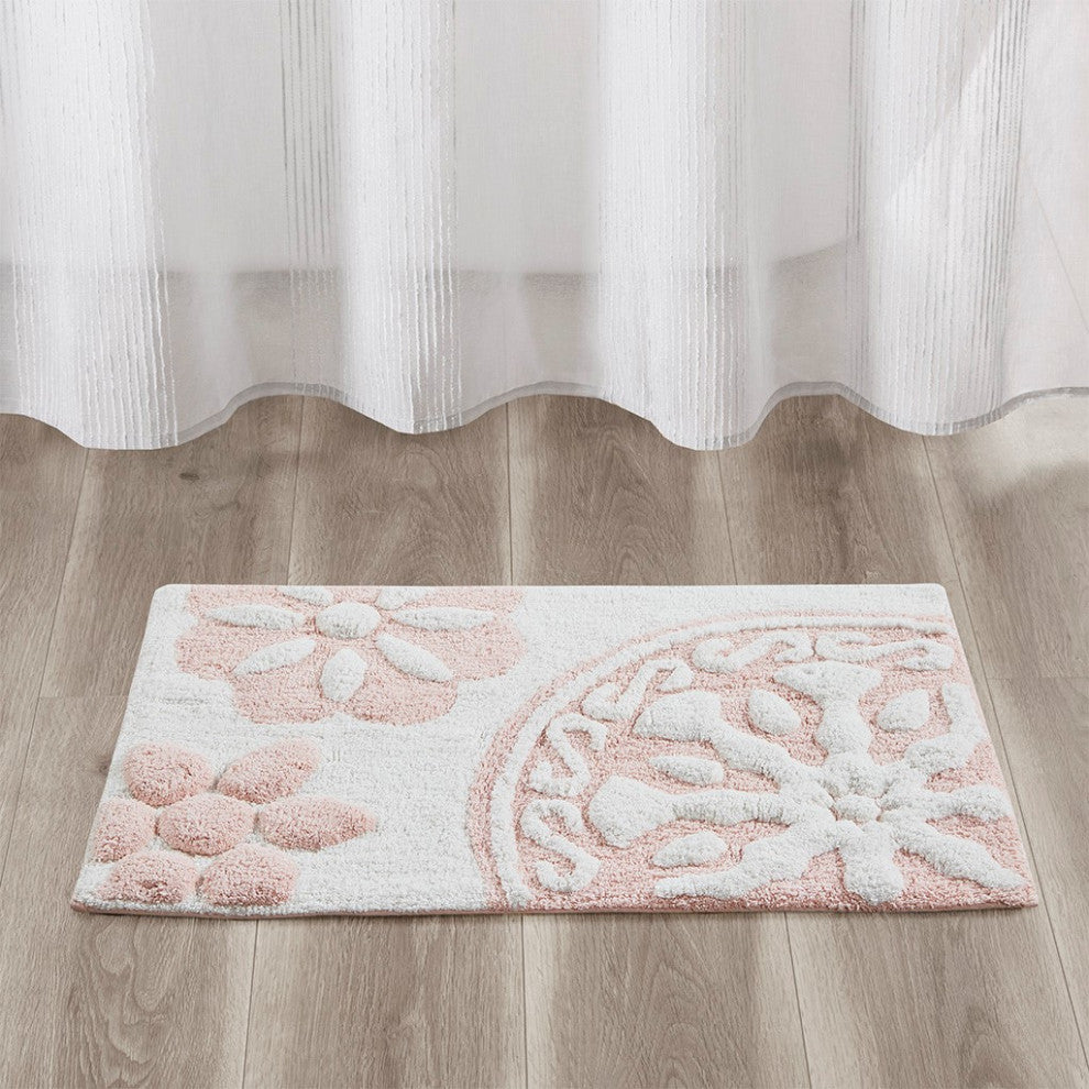 Madison Park Modern Bohemian Medallion Cotton Tufted Bath Rugs, Pink, Rectangle