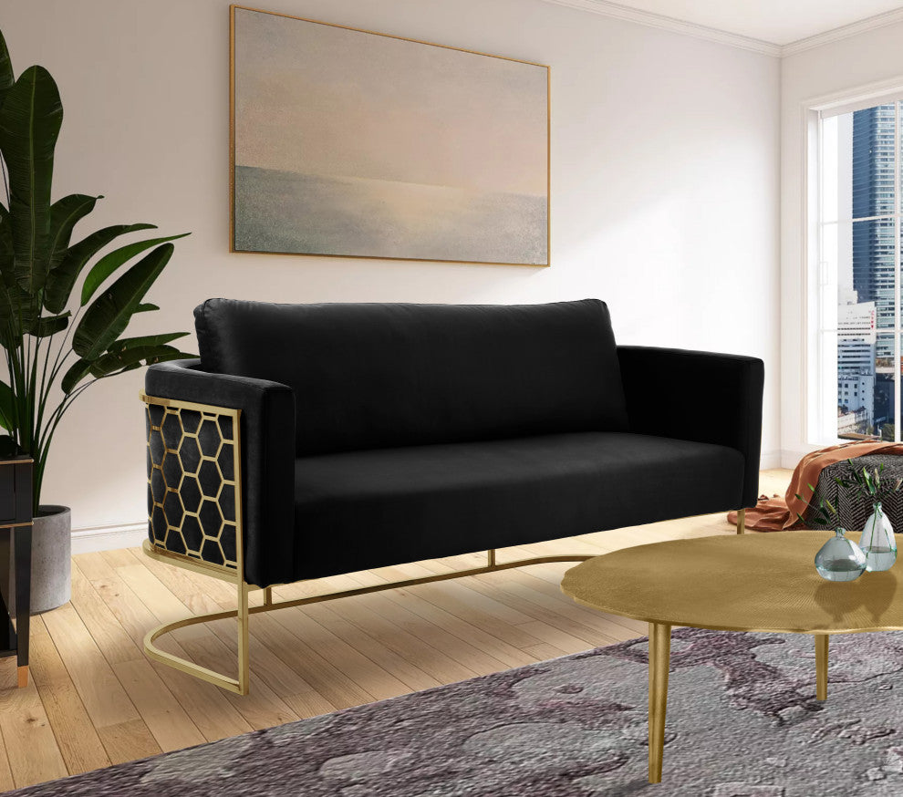 Casa Velvet Upholstered Sofa, Black, Gold Finish