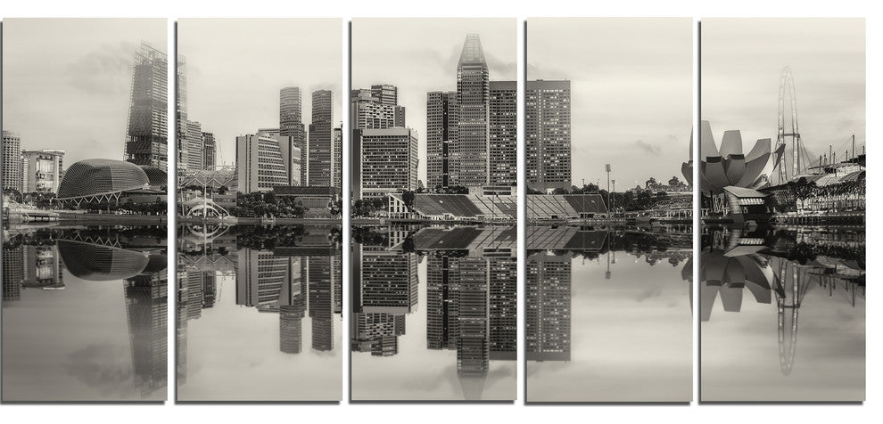"Singapore Skyline View Panorama" Cityscape Artwork Canvas, 5 Panels, 60"x28"