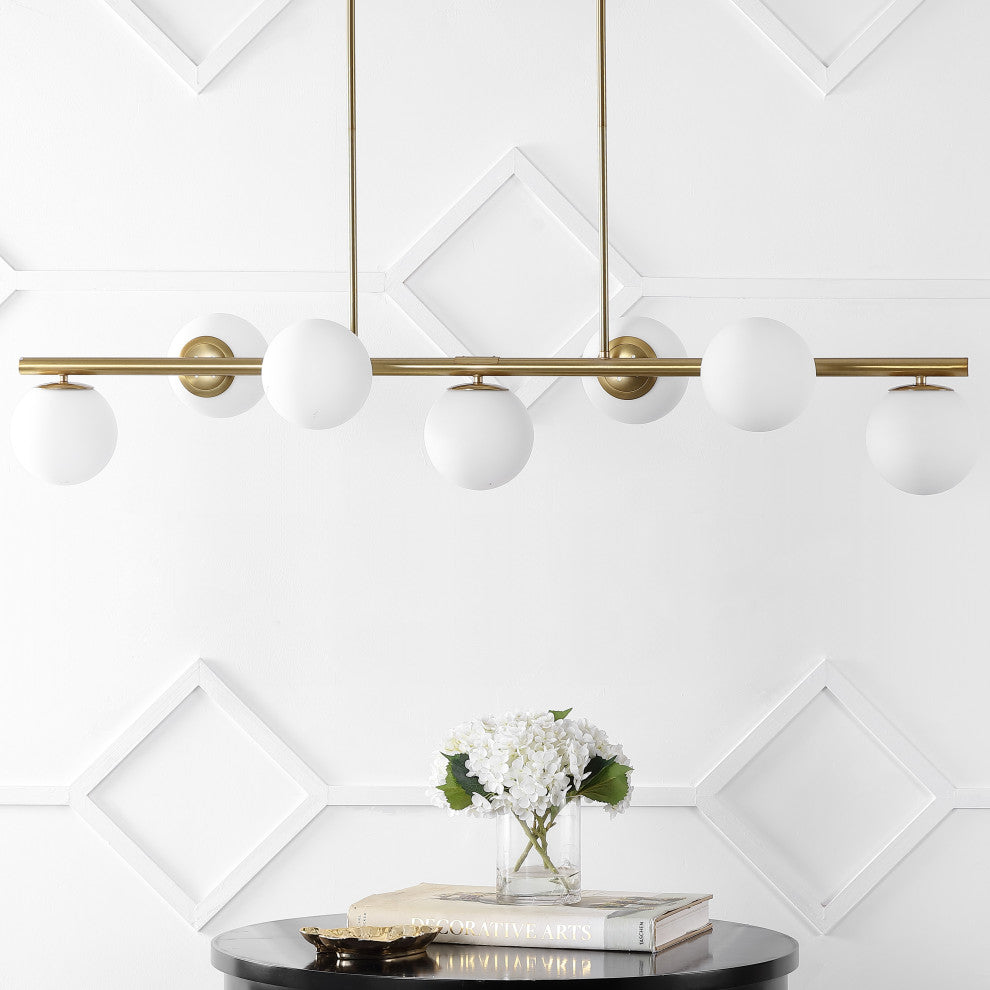 Luca Parisian 53" 7-Light Modern Iron Globe Linear LED Pendant, Brass Gold/White
