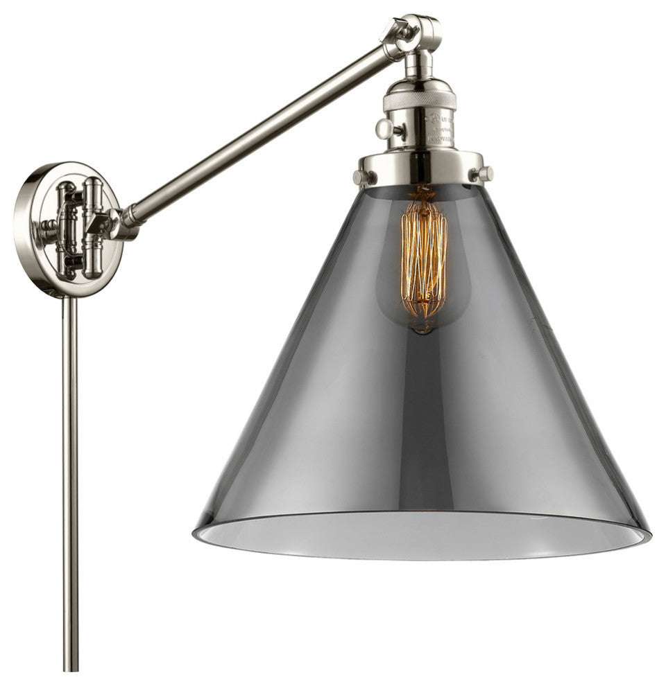 X-Large Cone 1-Light Swing Arm, Polished Nickel, Plated Smoke