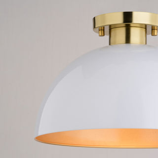Devon Mid-Century Modern Semi Flush Mount Ceiling Light, Glossy White and Satin Brass