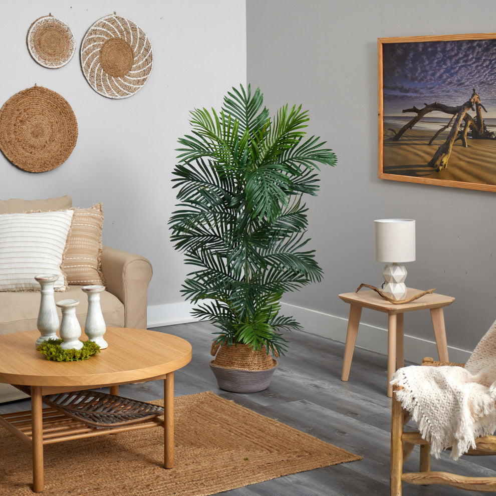 T2929 5 Areca Palm Tree in Boho Chic Handmade Gray Woven Planter UV Resistant