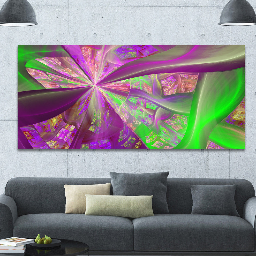 Pink Green Fractal Curves, Oversized Abstract Canvas Art Print, 60x28