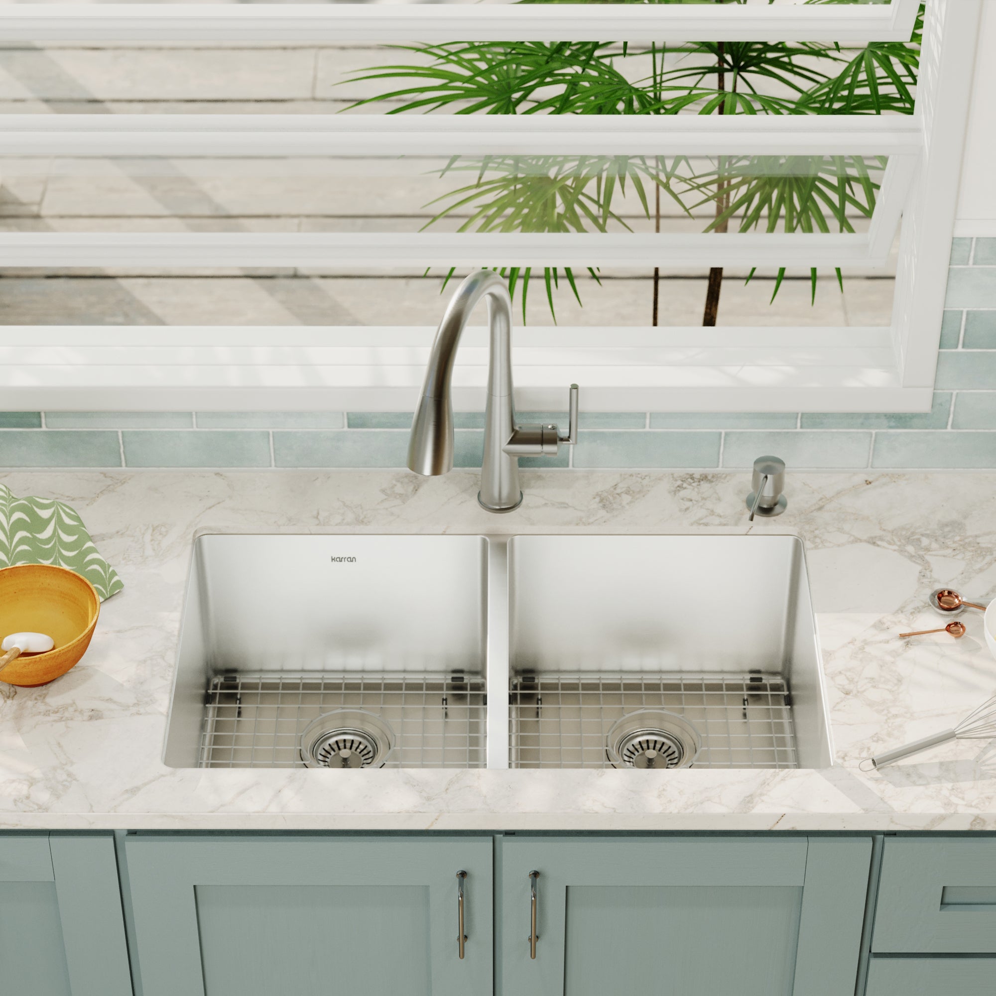 Karran 32" Undermount Double Equal Bowl Stainless Steel Kitchen Sink Kit