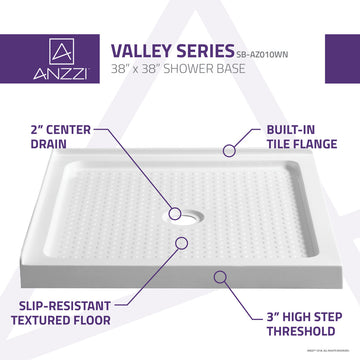 Valley Series 38"x38" Shower Base, White