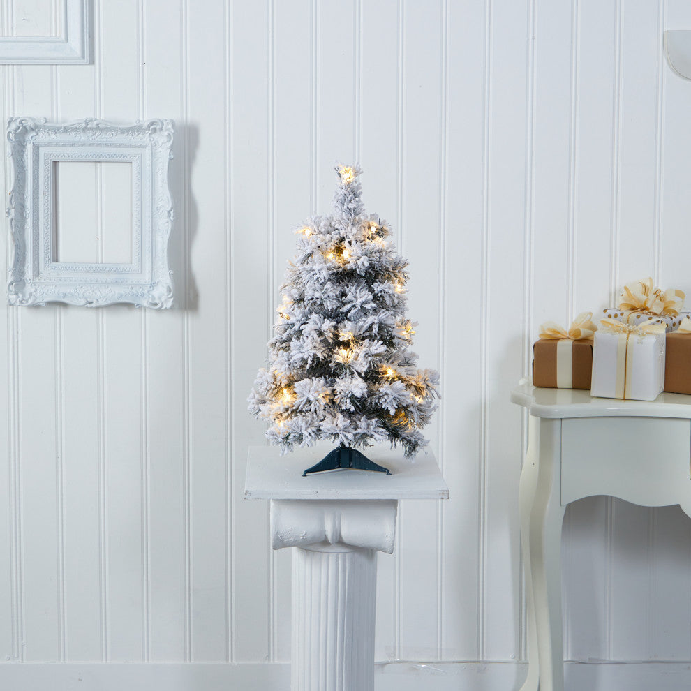 2' Flocked Artificial Christmas Tree With 30 Clear LED Lights