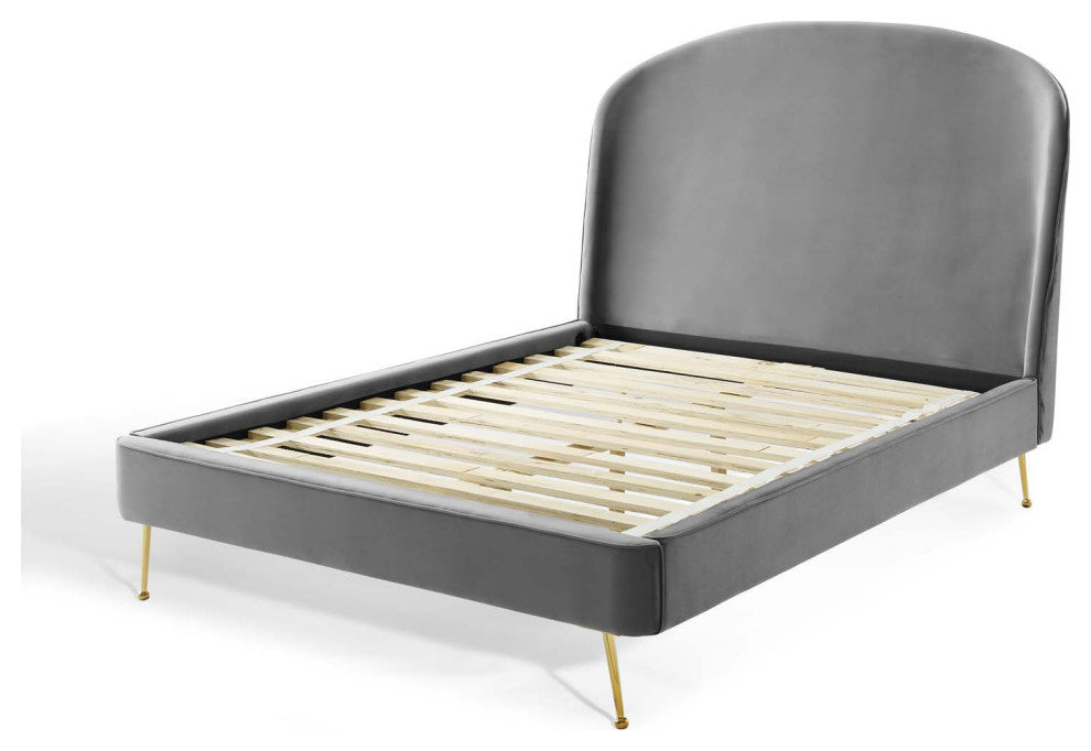 Platform Bed Frame, Queen Size, Velvet, Gray, Modern Contemporary, Bedroom