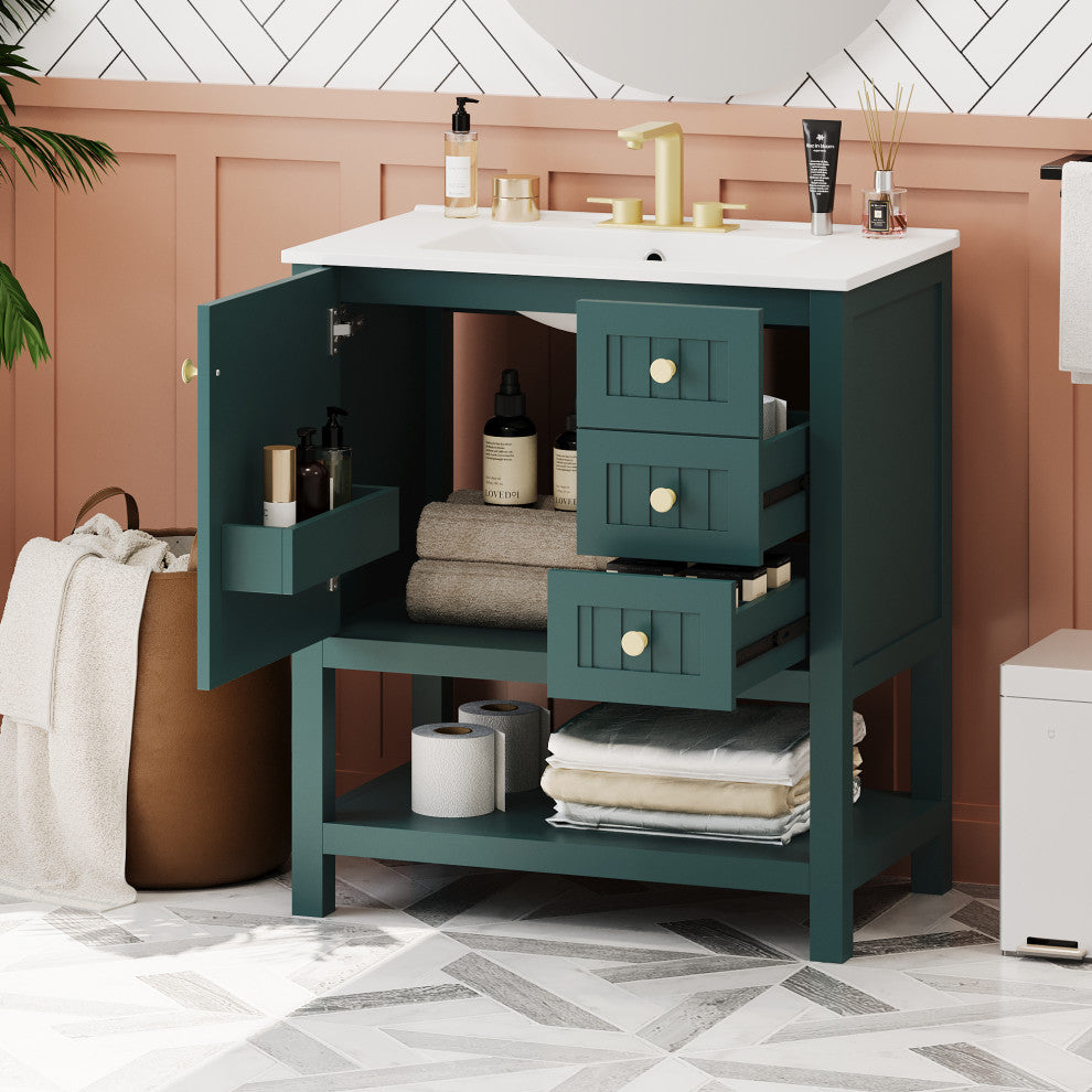 30 Inch Transitional Style Bathroom Vanity Cabinet Combo with Ceramic Sink, Green
