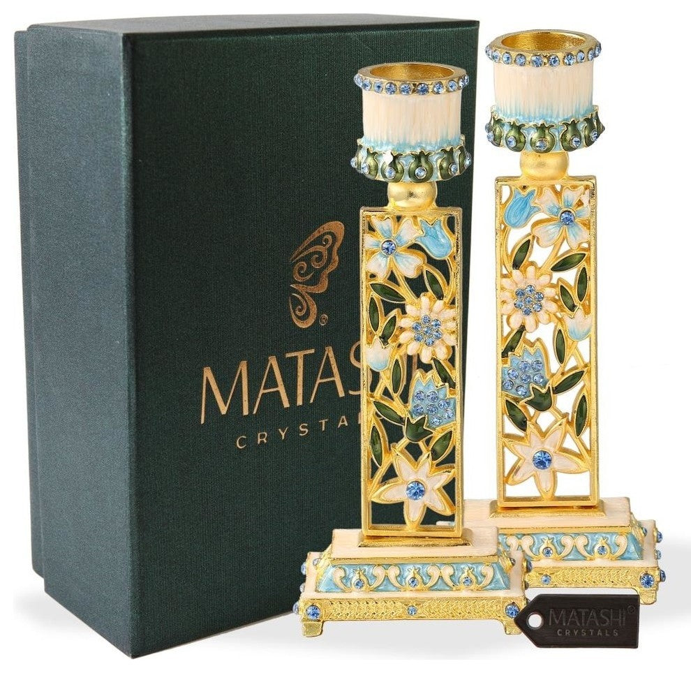 Shabbat Candlestick (2-Piece Set) Hand-Painted  Gold-Plated Pewter