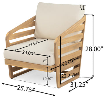 GDF Studio Outdoor Acacia Wood Club Chair with Waterproof Cushions, Teak Finish/Beige Cushion, Single
