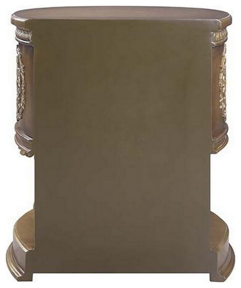 Benzara BM251166 Nightstand, Scrolled Carvings and Half Moon Shape, Antique Gold