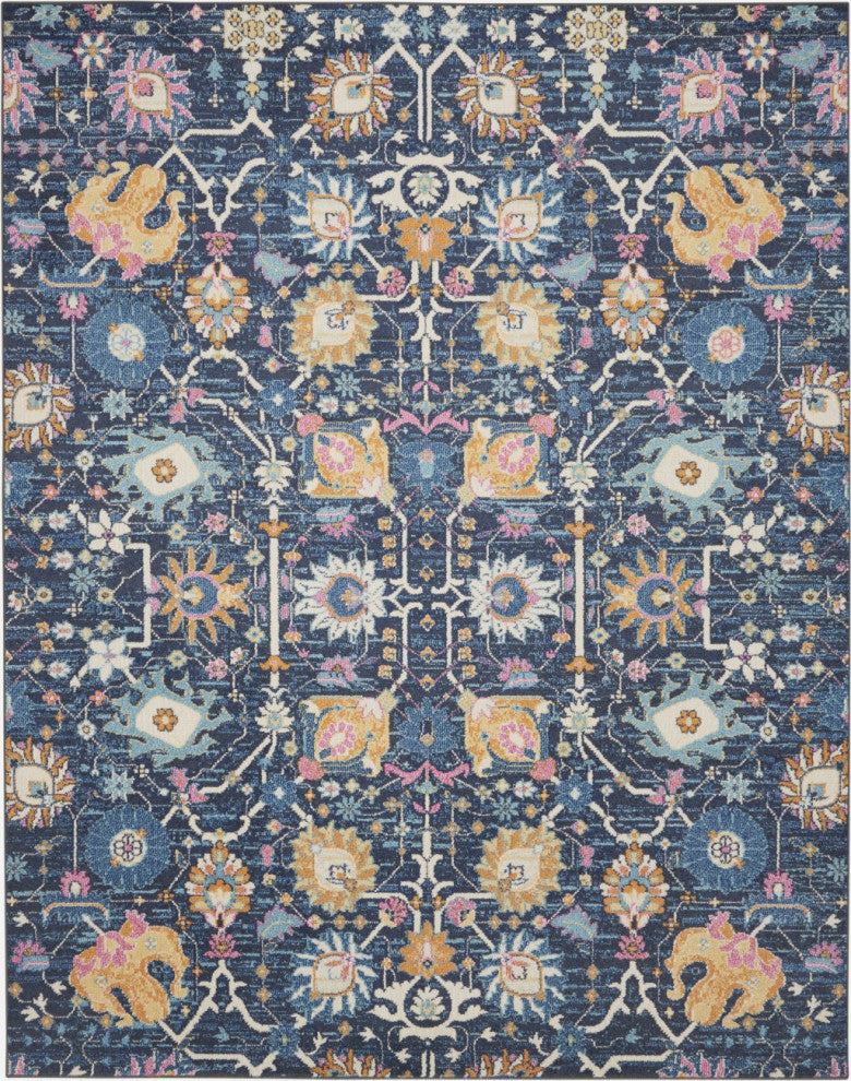 7' X 10' Navy Blue Floral Power Loom Area Rug
