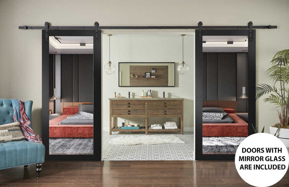 Double Barn Door 64 x 80, Lucia 1299 Matte Black & Mirror, 13' Rail