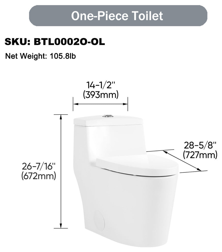 Sinber 28" One Piece Bathroom Toilet with Cotton White Finish and and Dual Flush