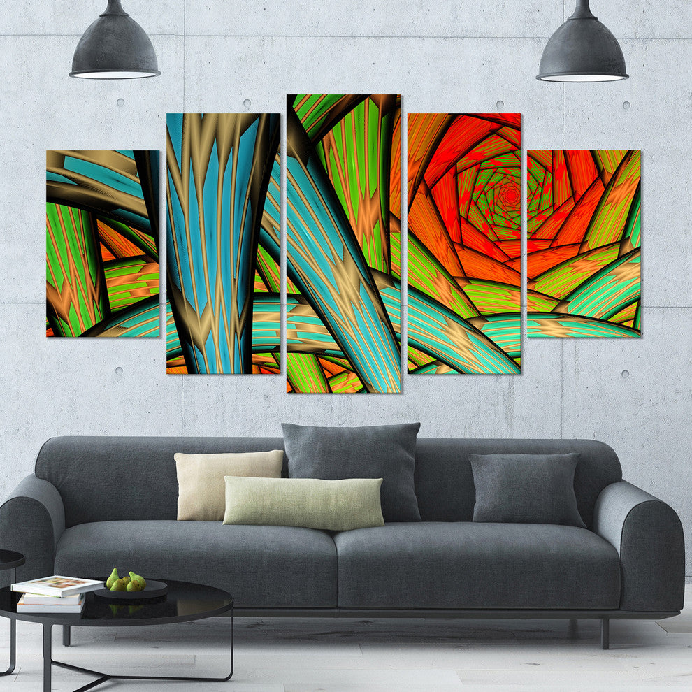 Green Fractal Endless Tunnel, Contemporary Canvas Art Print, 60"x32", 5 Panels