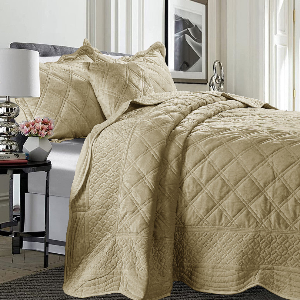 Supersoft Microplush Quilted 4-Piece Bed Spread Set, Taupe, Queen