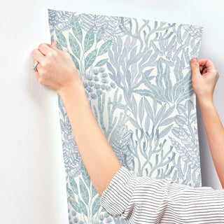 Coral Leaves Blue and Aqua Wallpaper