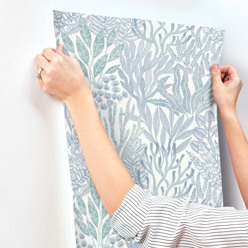 Coral Leaves Blue and Aqua Wallpaper