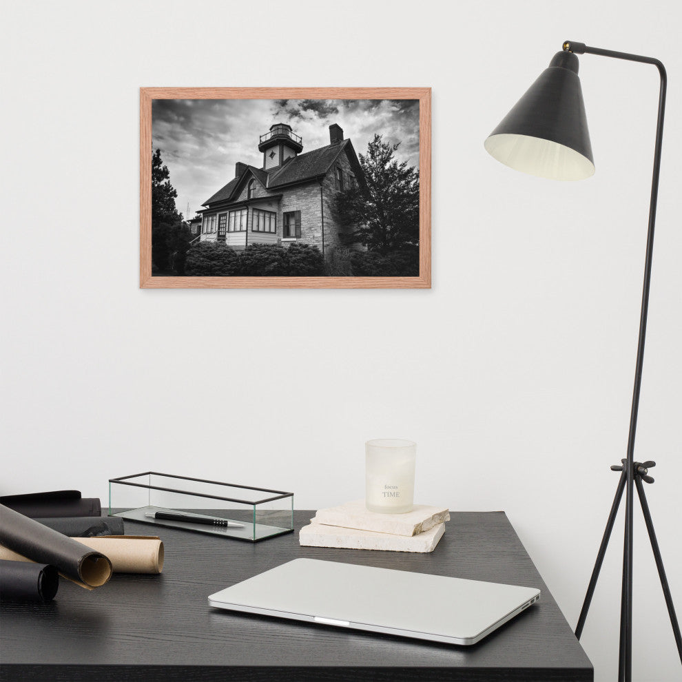 Cedar Point Lighthouse in Black and White Framed Photo Paper Wall Art Prints, Red Oak, 12" X 18"