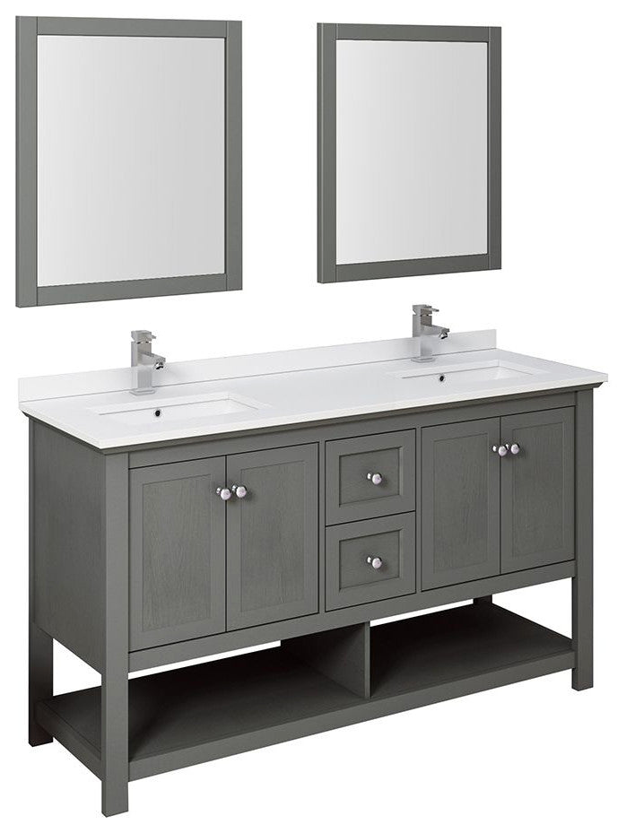 Manchester Regal 60" Gray Wood Veneer Double Sink Vanity Set, Faucet-Fft3111ch