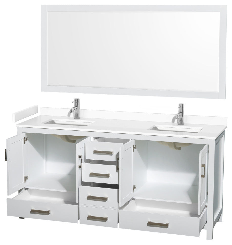 72"DBL Bathroom Vanity White, White Cult. Marble Countertop, Sinks, 70" Mirror
