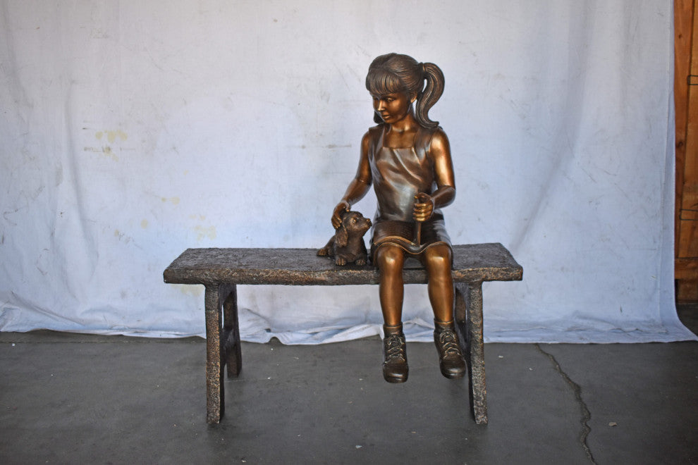 Young Girl with Her Puppy on Bench Reading Bronze Statue, Size 37" x 17" x 38"