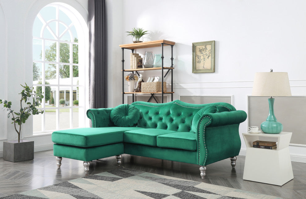 Hollywood Velvet Tufted sofa With Reversible Chaise, Green