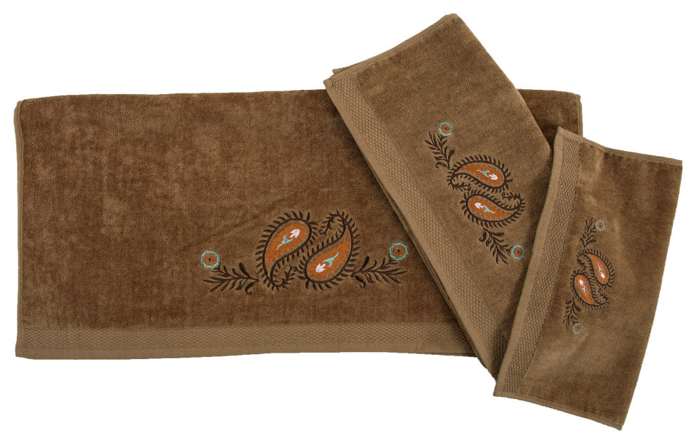 Rebecca Embroidered Western Paisley Towel Set, Mocha, 3 Piece