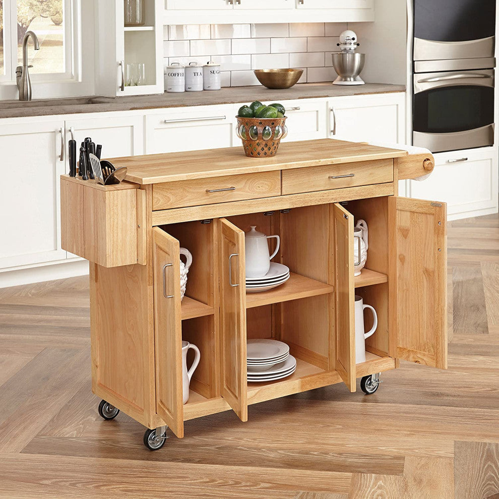 Natural Wood Kitchen Cart, Storage Cabinets, Drawers & Towel Rack
