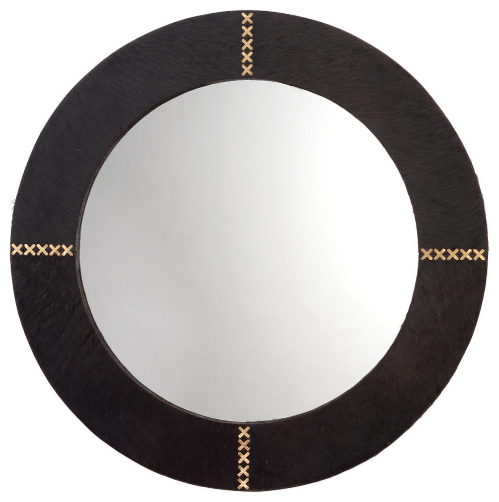 Round Cross Stitch Mirror, Espresso Hide With Antique Brass