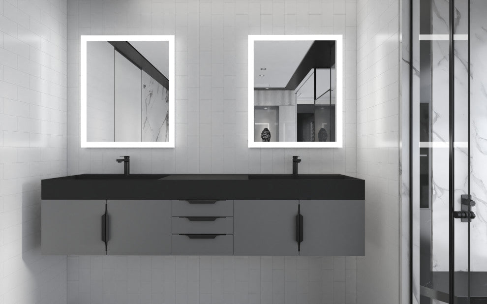 CastelloUSA Amazon 84" Wall Mounted Bathroom Vanity Set, Gray, Black Top, Black Handles