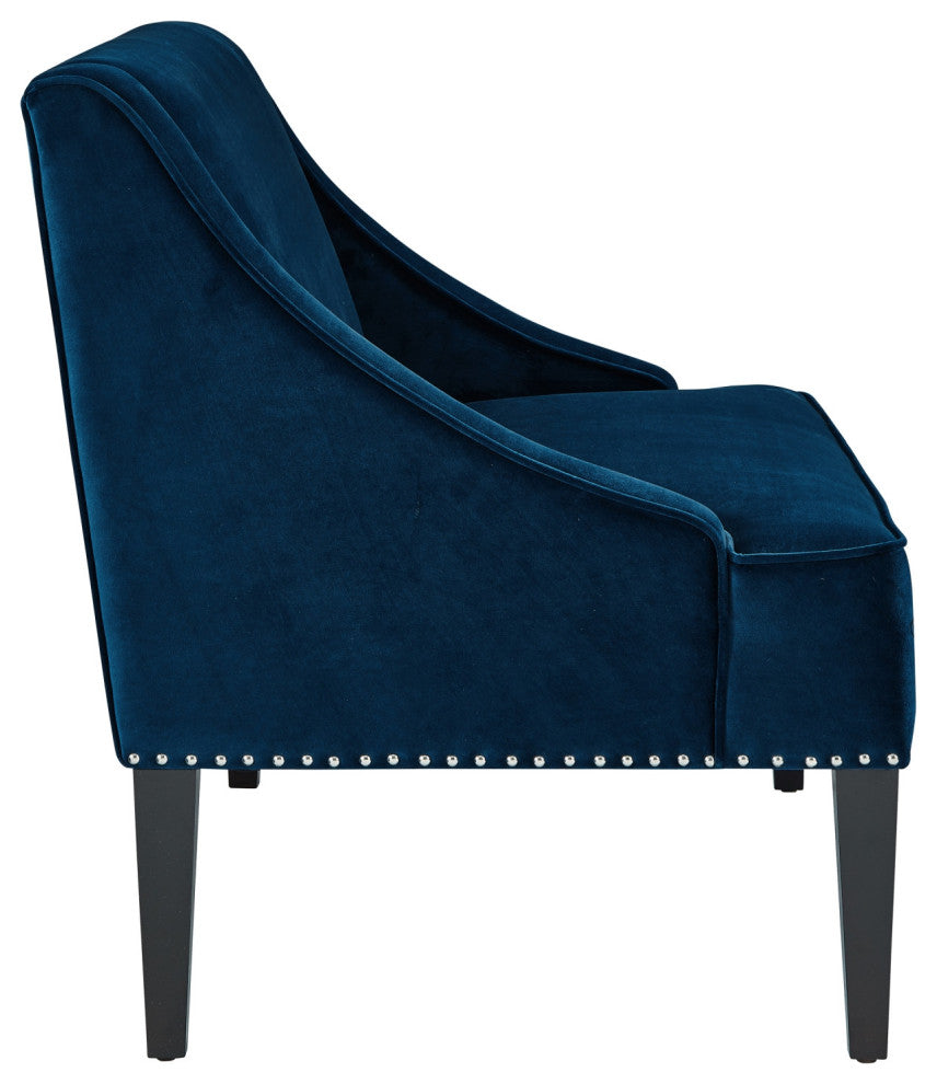 45" Navy Blue And Brown Upholstered Velvet Bench