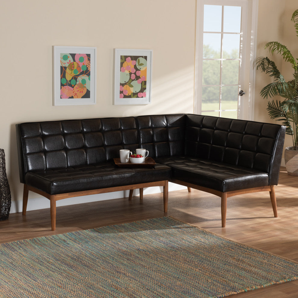 Devin Midcentury Modern 2-Piece Dining Banquette Seat, Dark Brown Faux Leather