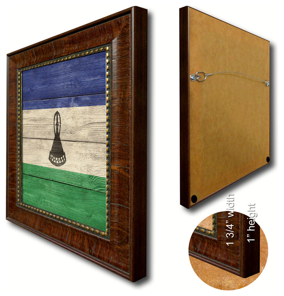 Lesotho Country Textured Flag Print With Brown Gold Frame, 19"X27"