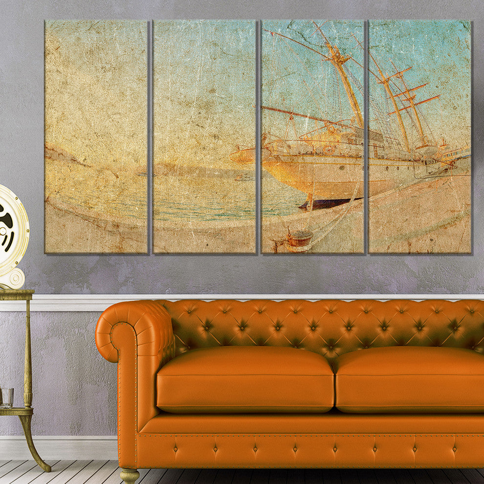 "Old Sailing Ship in Sunlight" Extra Large Seascape Art Canvas, 4Panel, 48"x28"