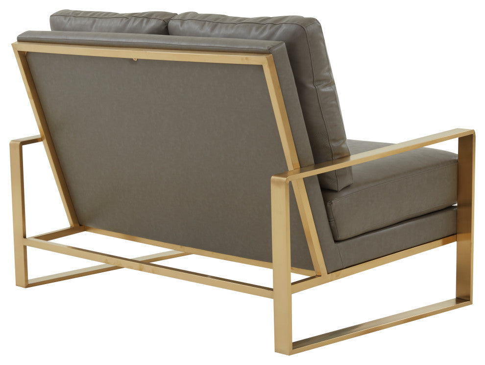 LeisureMod Jefferson Leather Modern Design Loveseat With Gold Frame, Gray