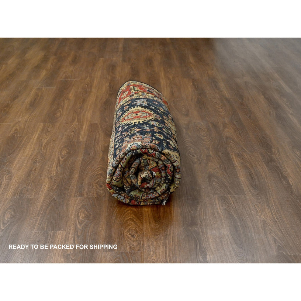 Carbon Black Wool Karajeh With All Over Pattern Hand Knotted Rug, 9'x11'11"