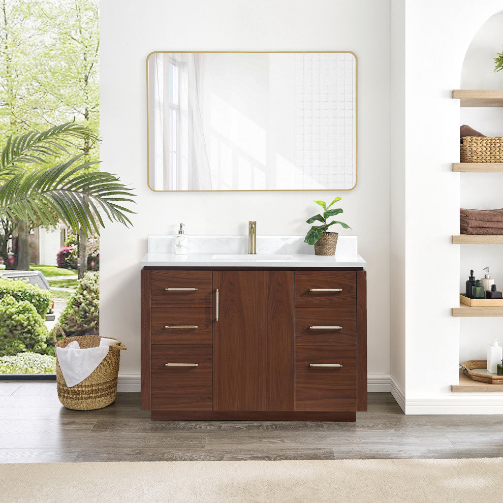 San Bath Vanity with Stone Top, Natural Walnut, 48", Single Vanity, No Mirror