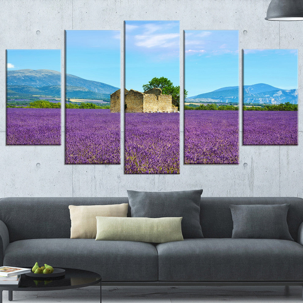 "Old House and Tree in Lavender Field" Landscape Wall Art, 5 Panels, 60"x32"
