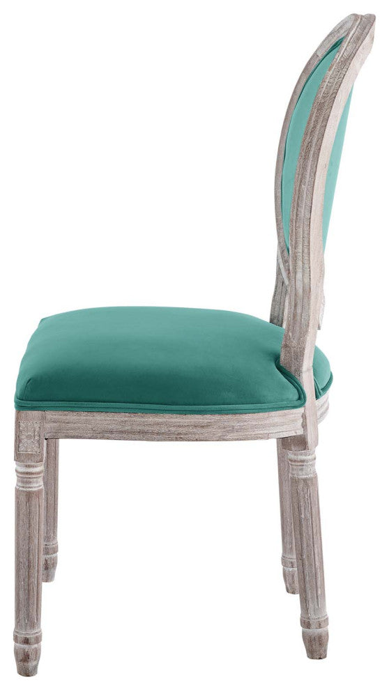 French Vintage Side Dining Chair, Velvet, Wood, Brown Natural Blue, Modern