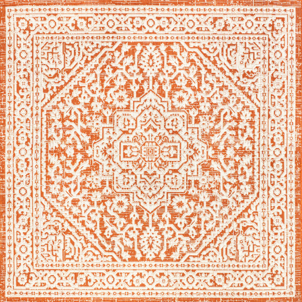 Sinjuri Medallion Textured Weave Indoor/Outdoor, Orange/Cream, 5' Square