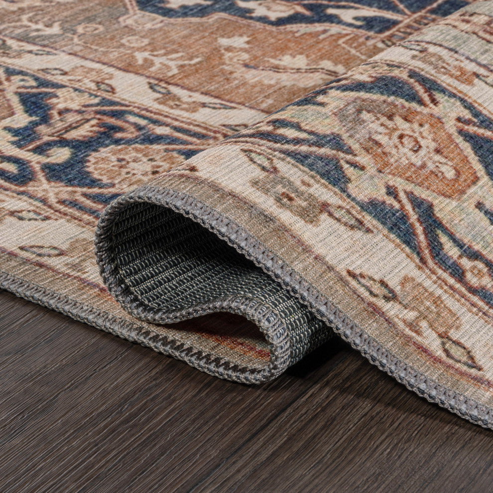 Maris Ornate Medallion Machine-Washable Beige/Blue 5 ft. x 8 ft. Area Rug