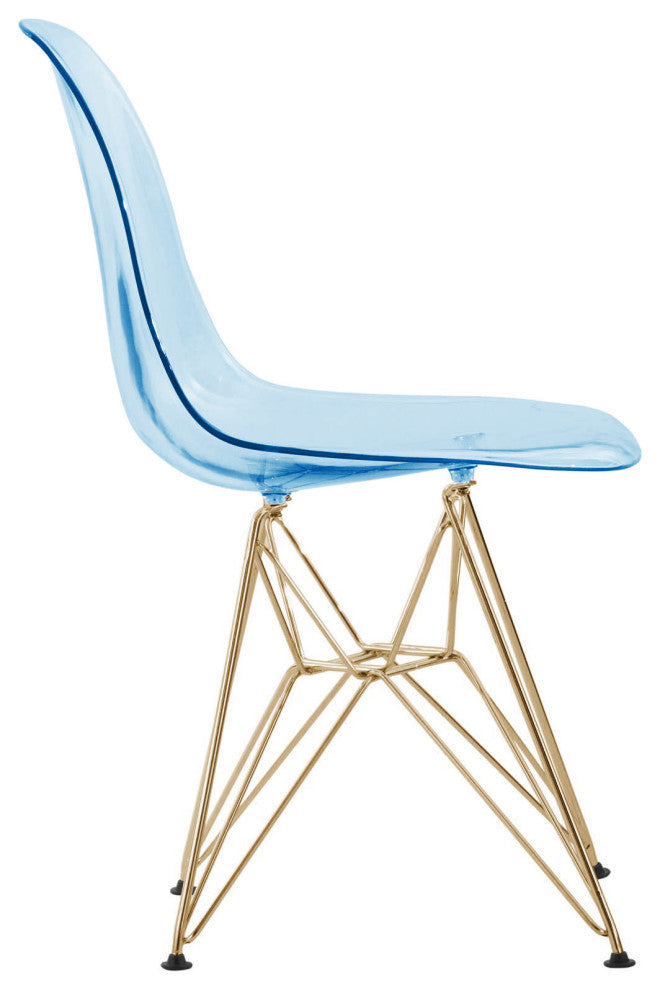 Dining Chair with ABS Plastic Seats Side Chair in Gold Chrome, Transparent Blue