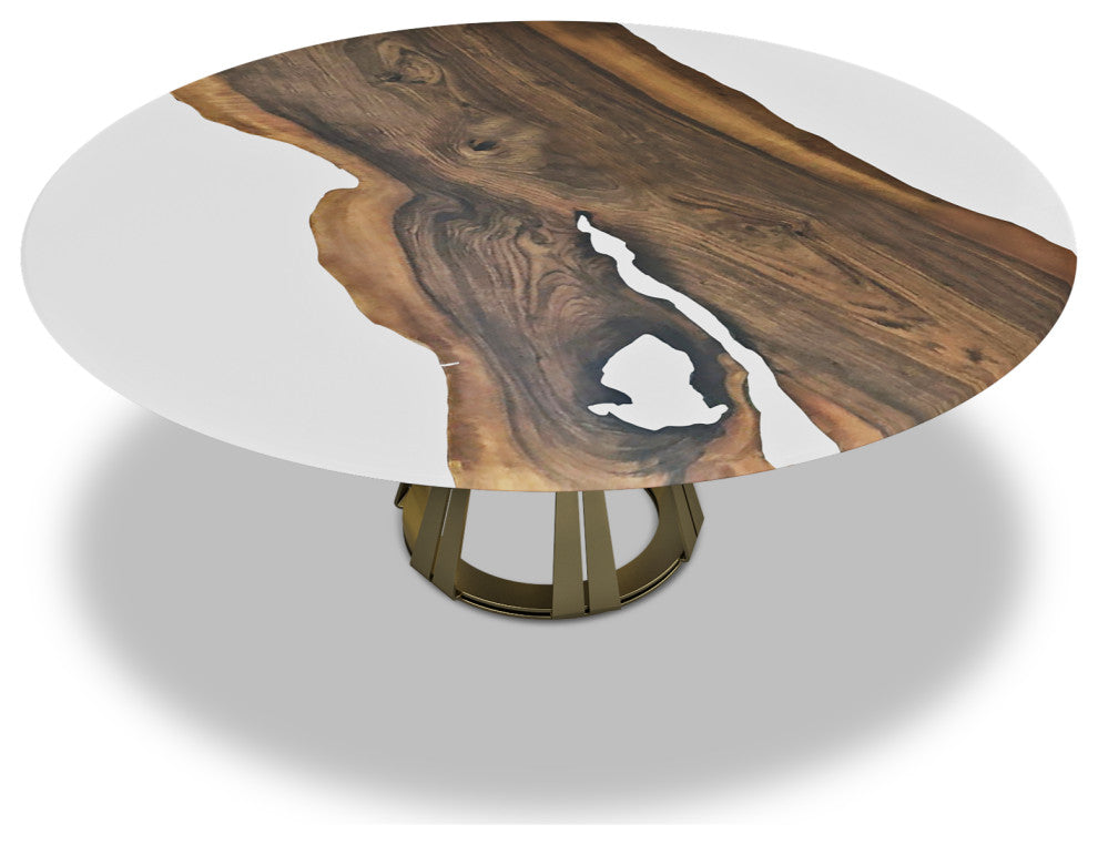 Atalante Walnut Round Table, White Top & Bronze Base, 12 Seater